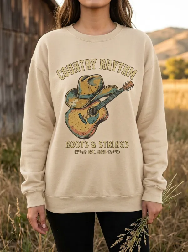 Western-Inspired Guitar Cowboy-Hat Women's Country Music Crewneck Sweatshirt