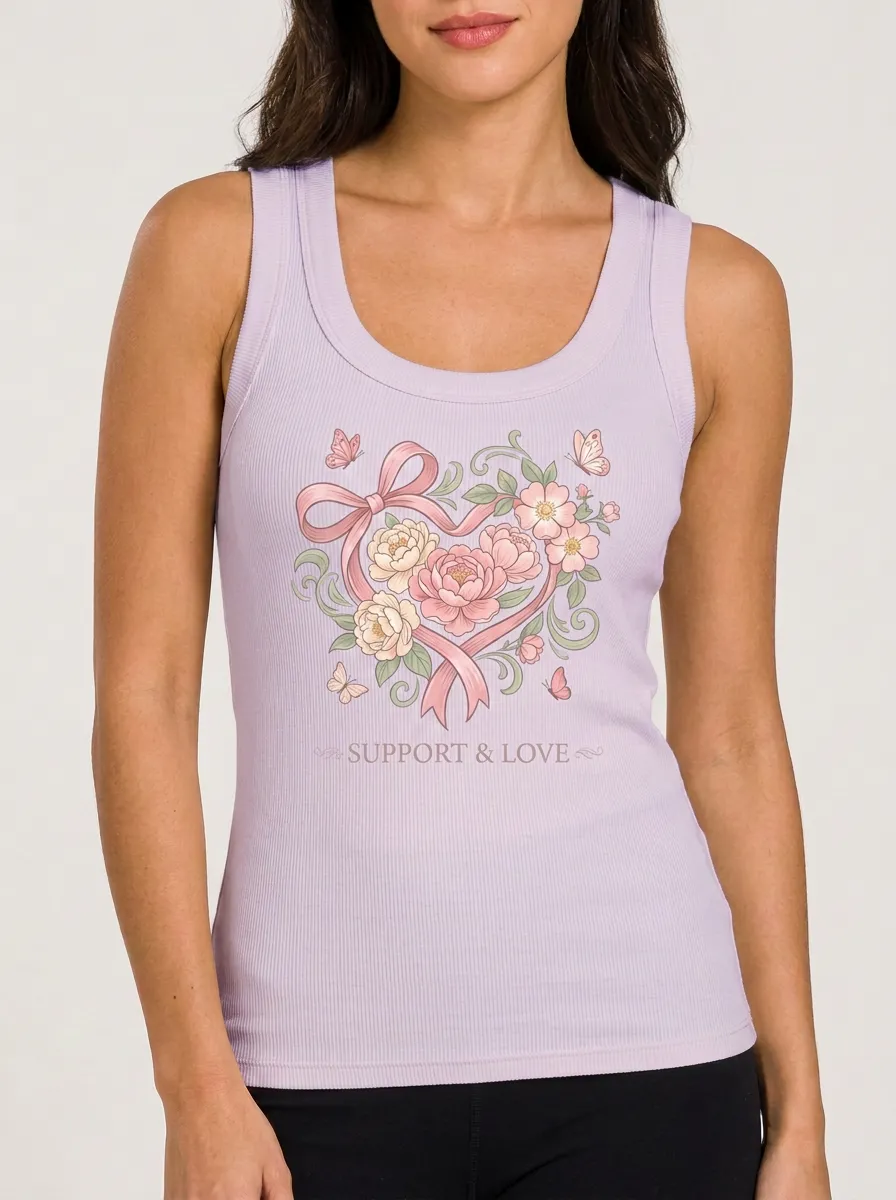 Women's Breast Cancer Awareness Floral Heart Ribbon Printed Tank Top