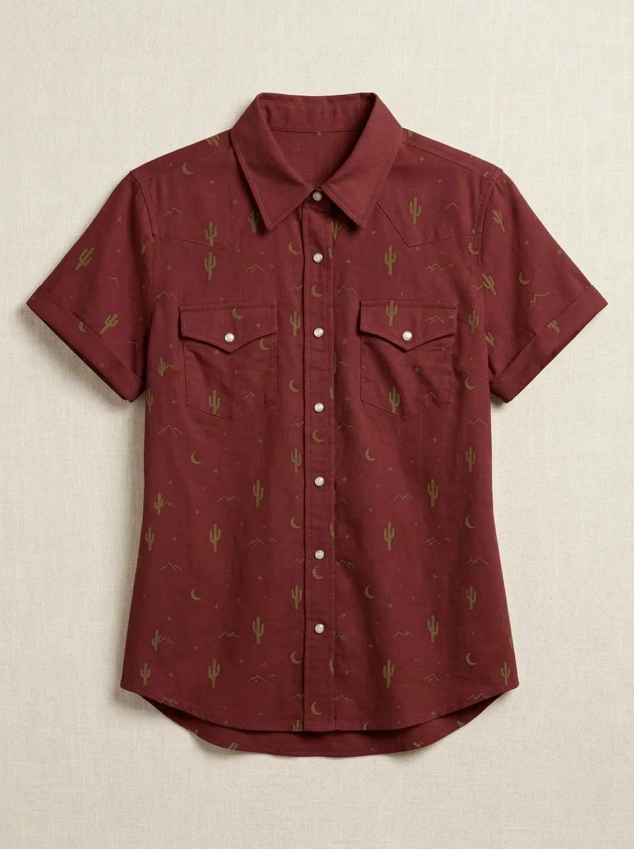 Women's Western Desert Cactus Moon Printed Short Sleeve Shirt