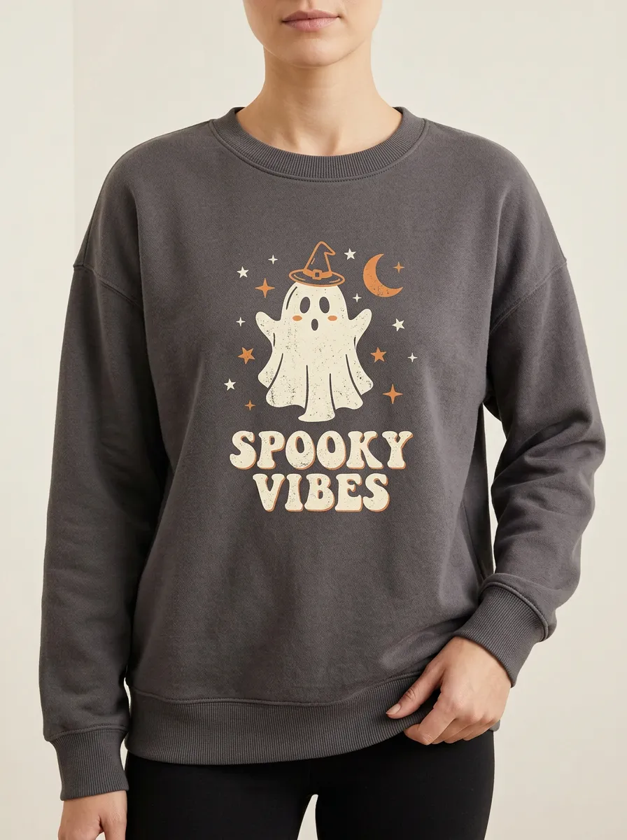 Women's Halloween Spooky Vibes Ghost Witch Hat Printed Sweatshirt
