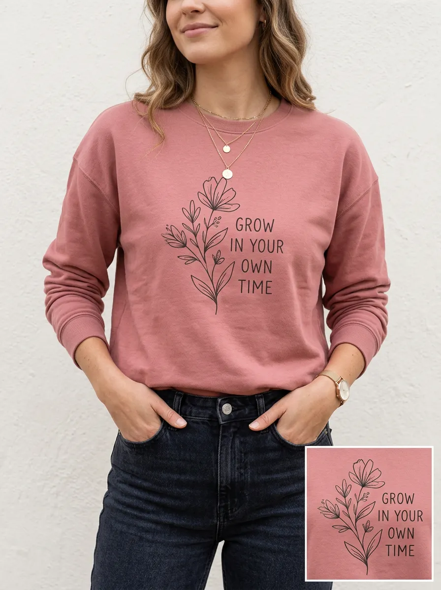 Women's Inspirational Quote Floral Grow In Your Own Time Printed Sweatshirt