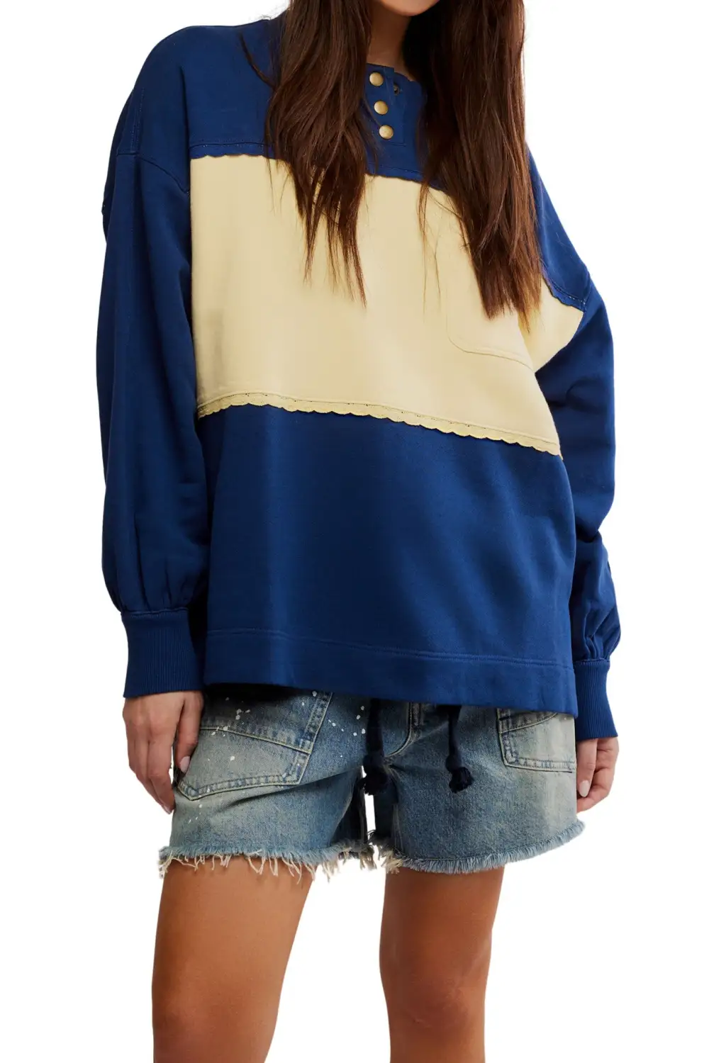 Ribbed Scalloped Oversized Relaxed Sweatshirt