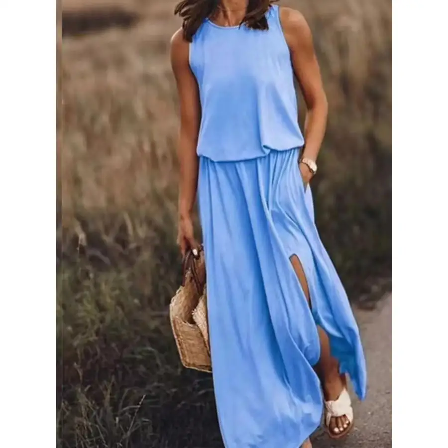 Full Size Round Neck Sleeveless Slit Maxi Dress Plus Size