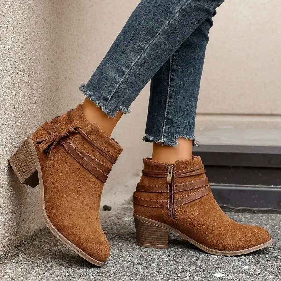 Tassel Point Toe Block Heels Boots