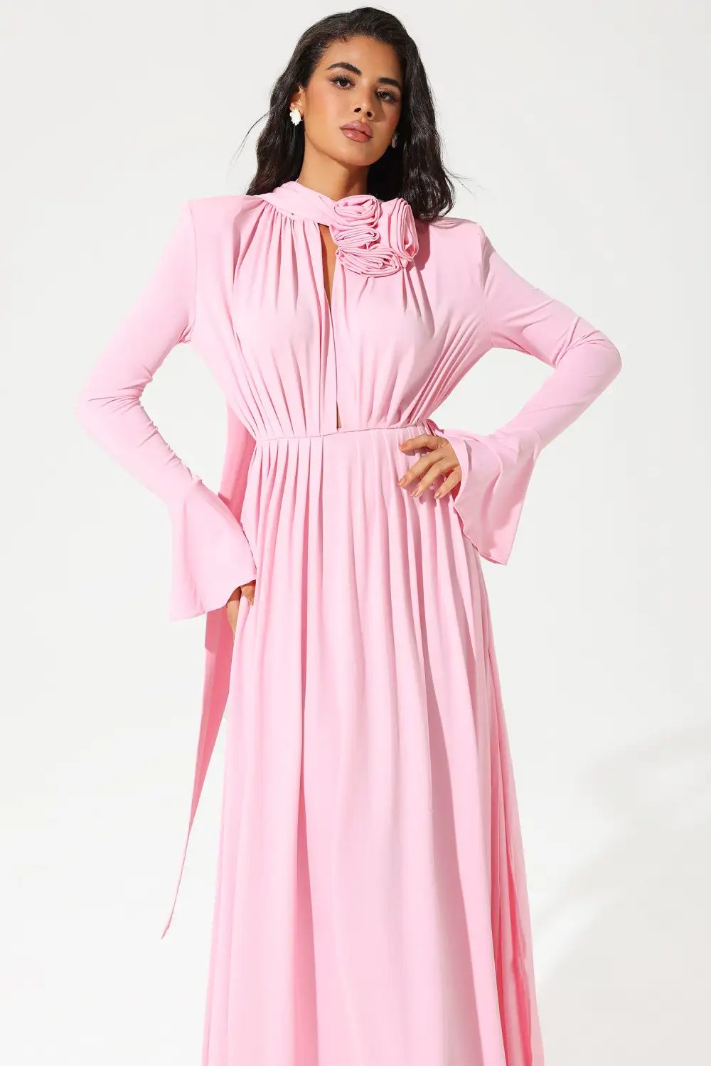 Lantern Sleeve High Collar Flower Slit Midi Dress