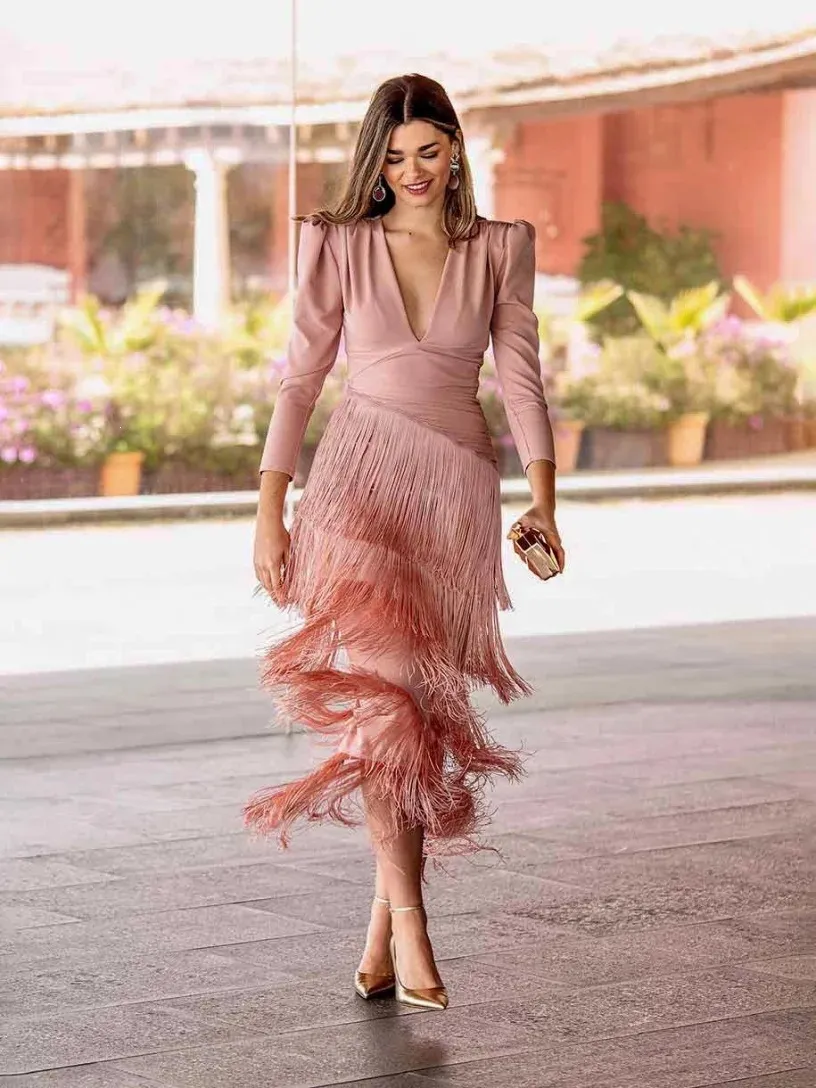 Sophia Deep V Fringe Fitted Maxi Dress
