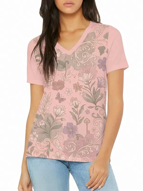 Women's Floral Butterfly Key Pattern Printed V-neck T-shirt