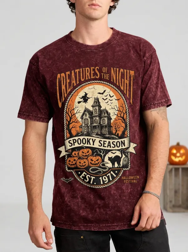 Men's Halloween Spooky Season Haunted House Pumpkin Printed T-shirt