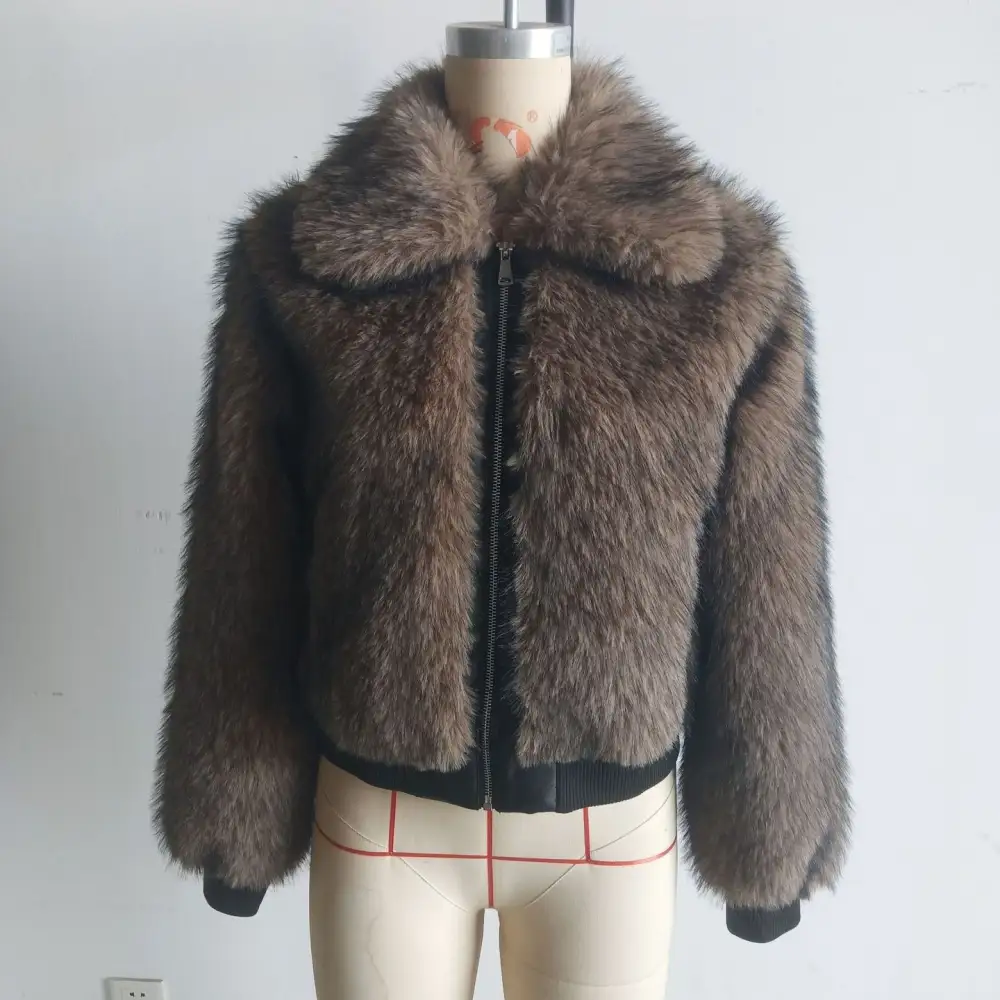 Cropped Faux Fur Shawl Collar Ribbed Trim Bomber Jacket
