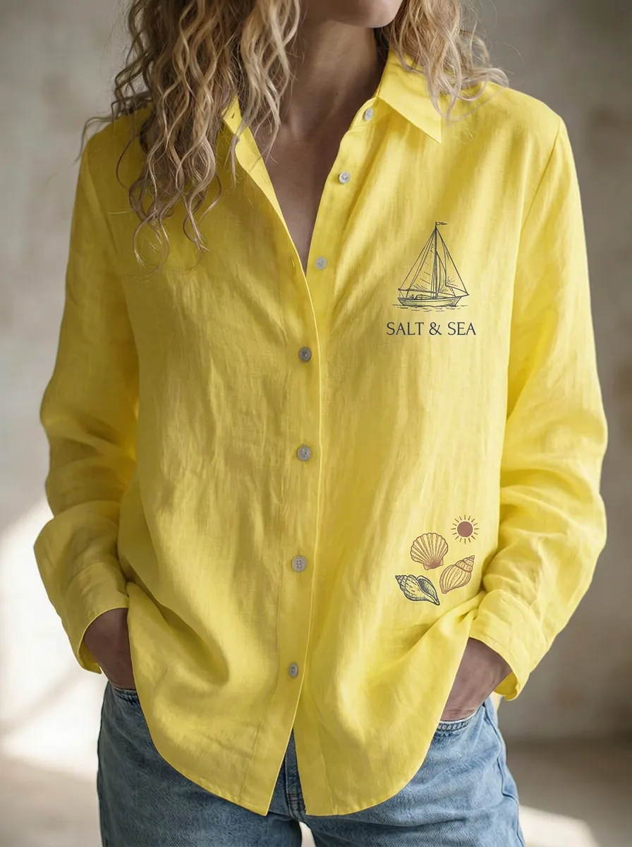 Women's Nautical Salt & Sea Sailboat Shells Printed Linen Shirt