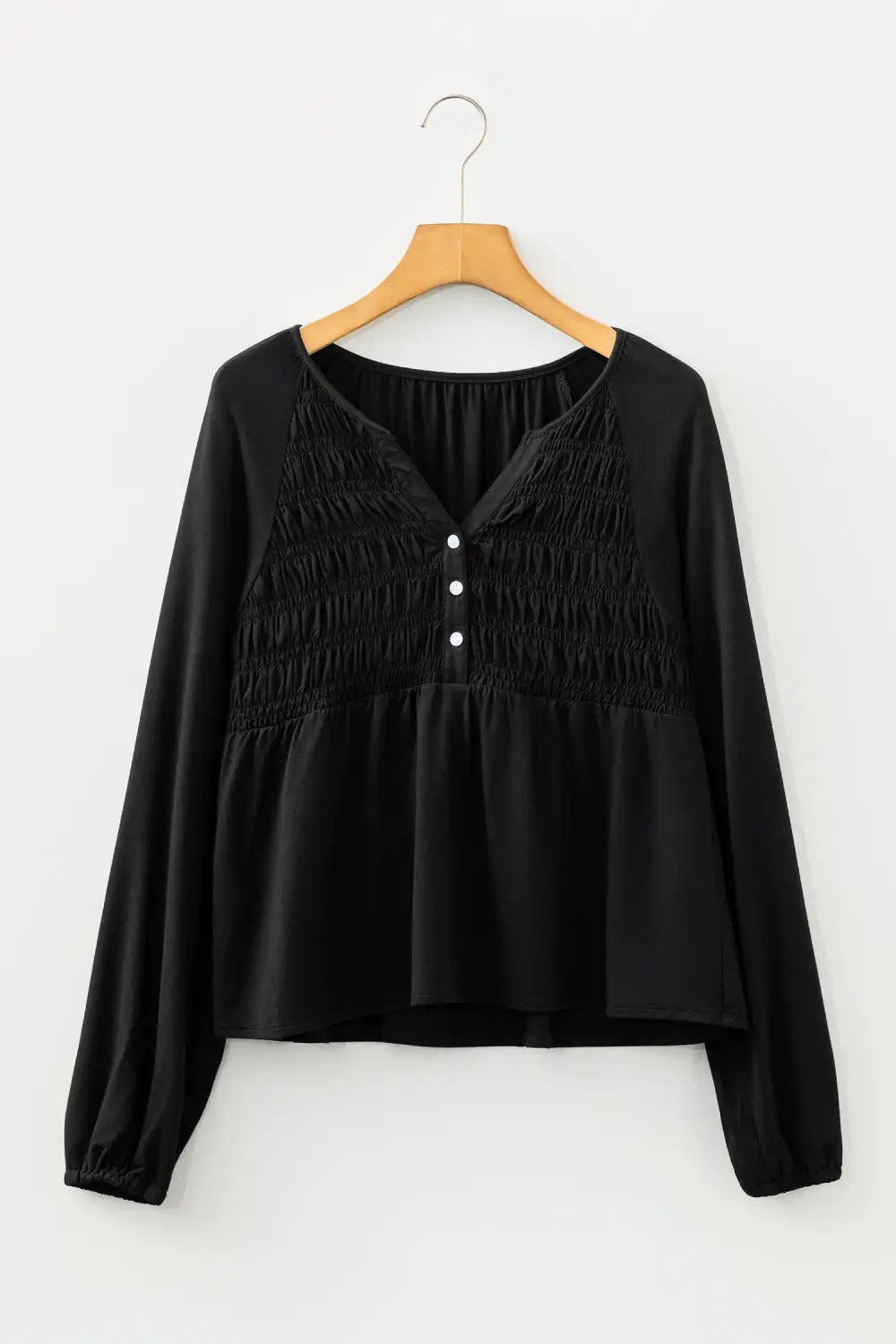 Smocked V-Neck Button Front Blouse