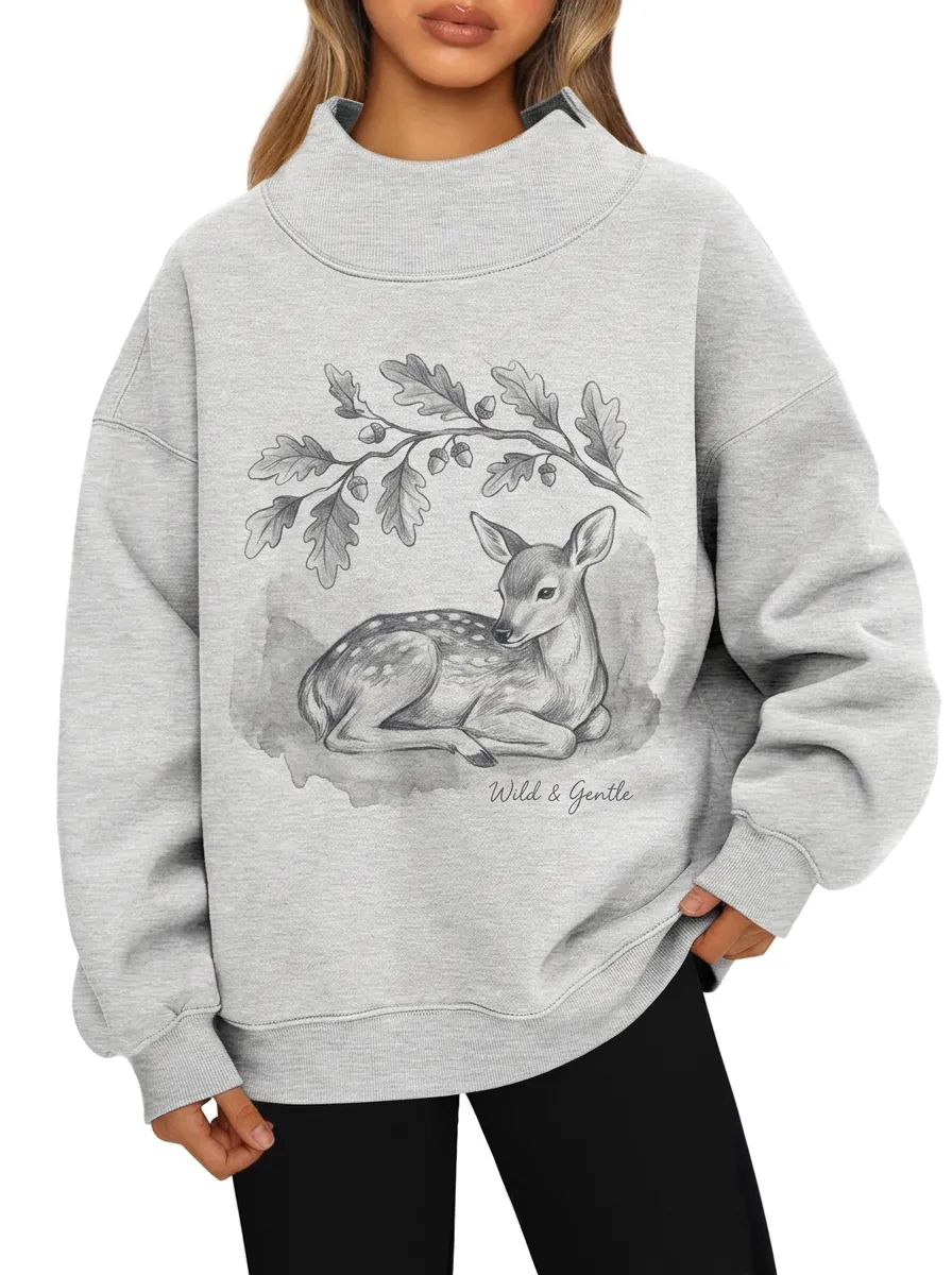 Women's Nature Lover Fawn Oak Leaf Printed Sweatshirt