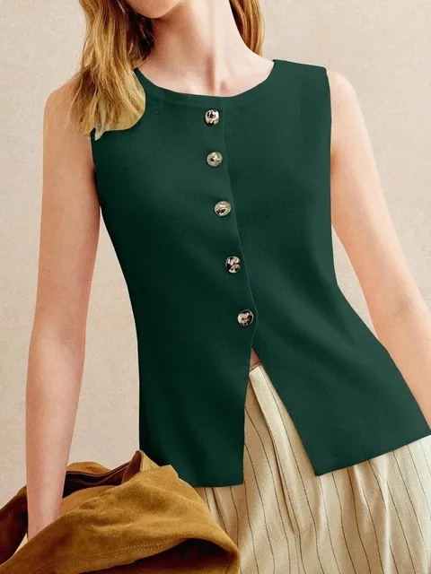 Green Knit Button Front Metal Vest