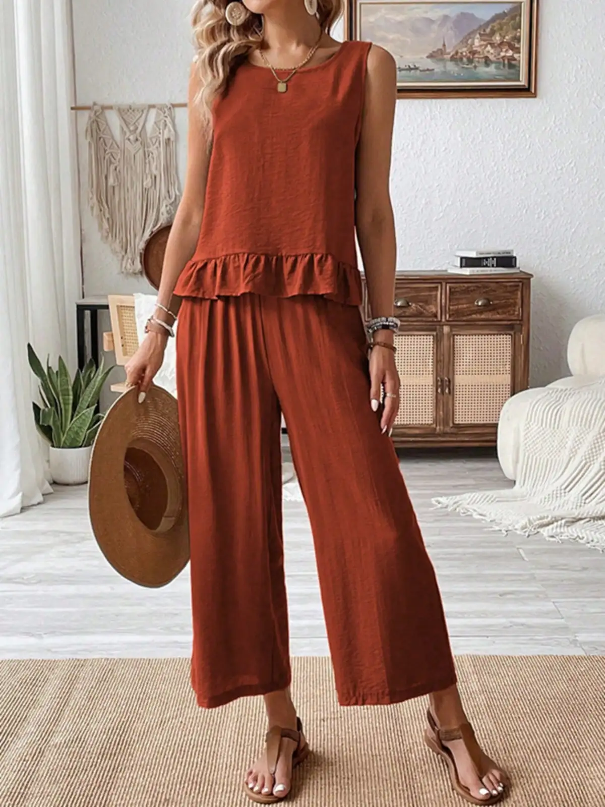 Ruffled Wide-Leg Two-Piece Set