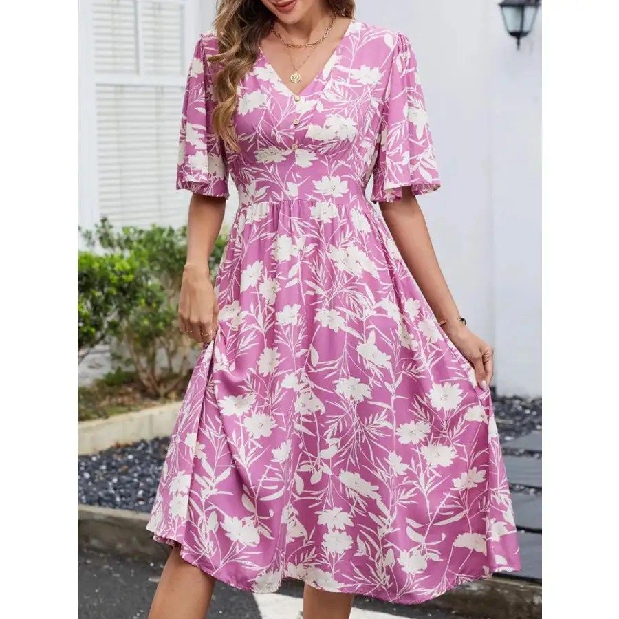 Flutter Sleeve V-Neck Summer Midi Dress