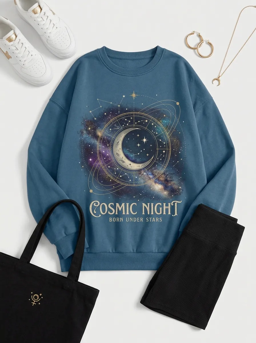 Women's Cosmic Night Astrology Moon Galaxy Printed T-shirt