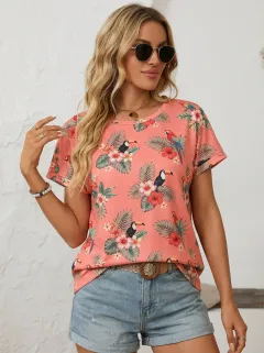Toucan Hibiscus Floral Women's Loose Printed T-Shirt