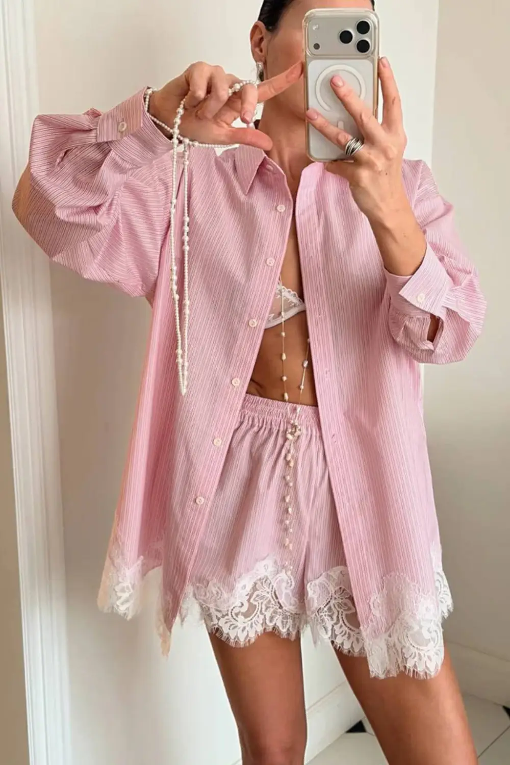 Emma Lapel Long-Sleeve Shirt & Lace-Paneled Shorts Set