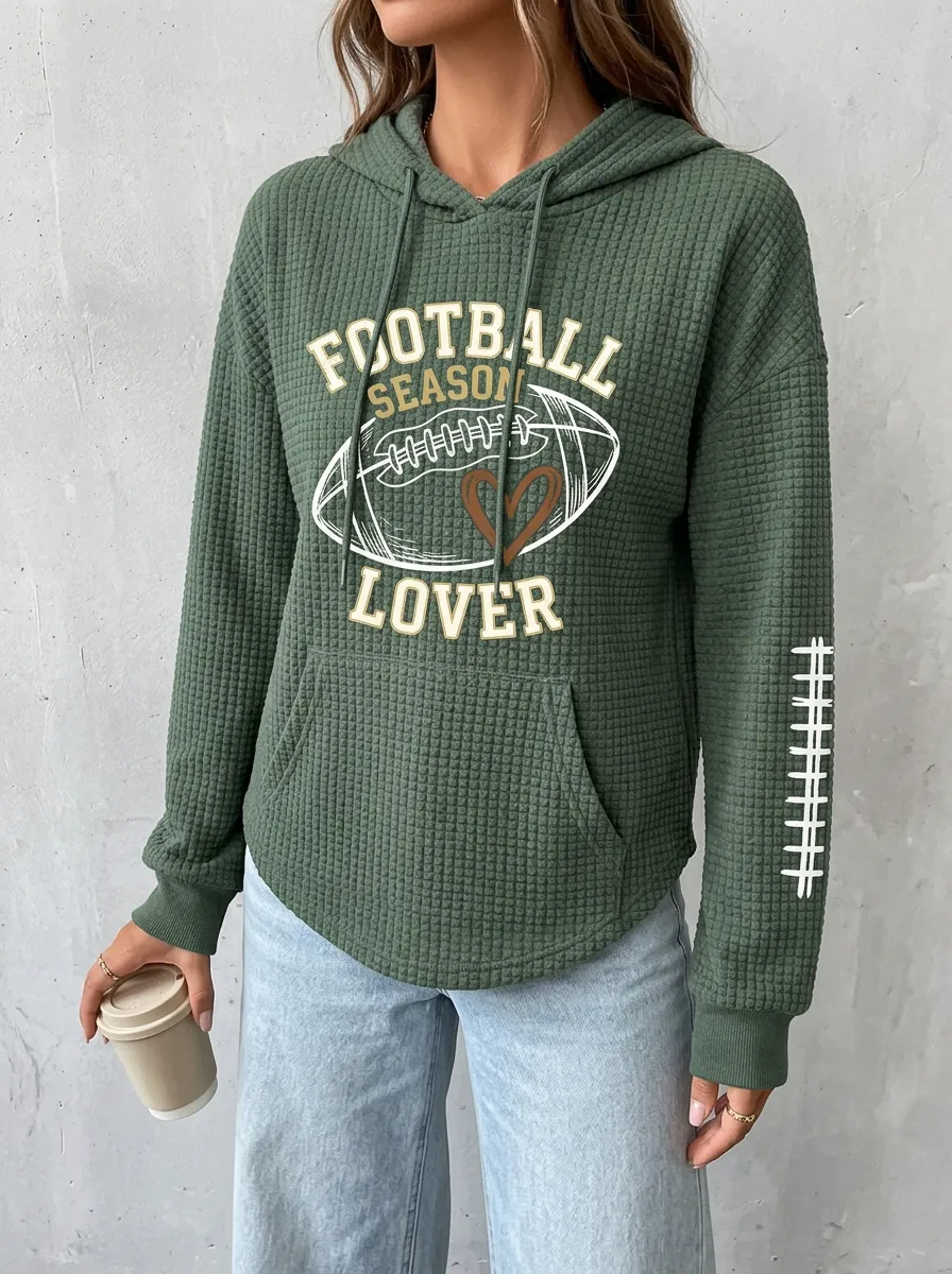 Women's Football Season Lover Heart Graphic Printed Waffle Hoodie
