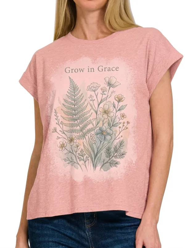 Women's Christian Faith Grow in Grace Floral Printed T-shirt
