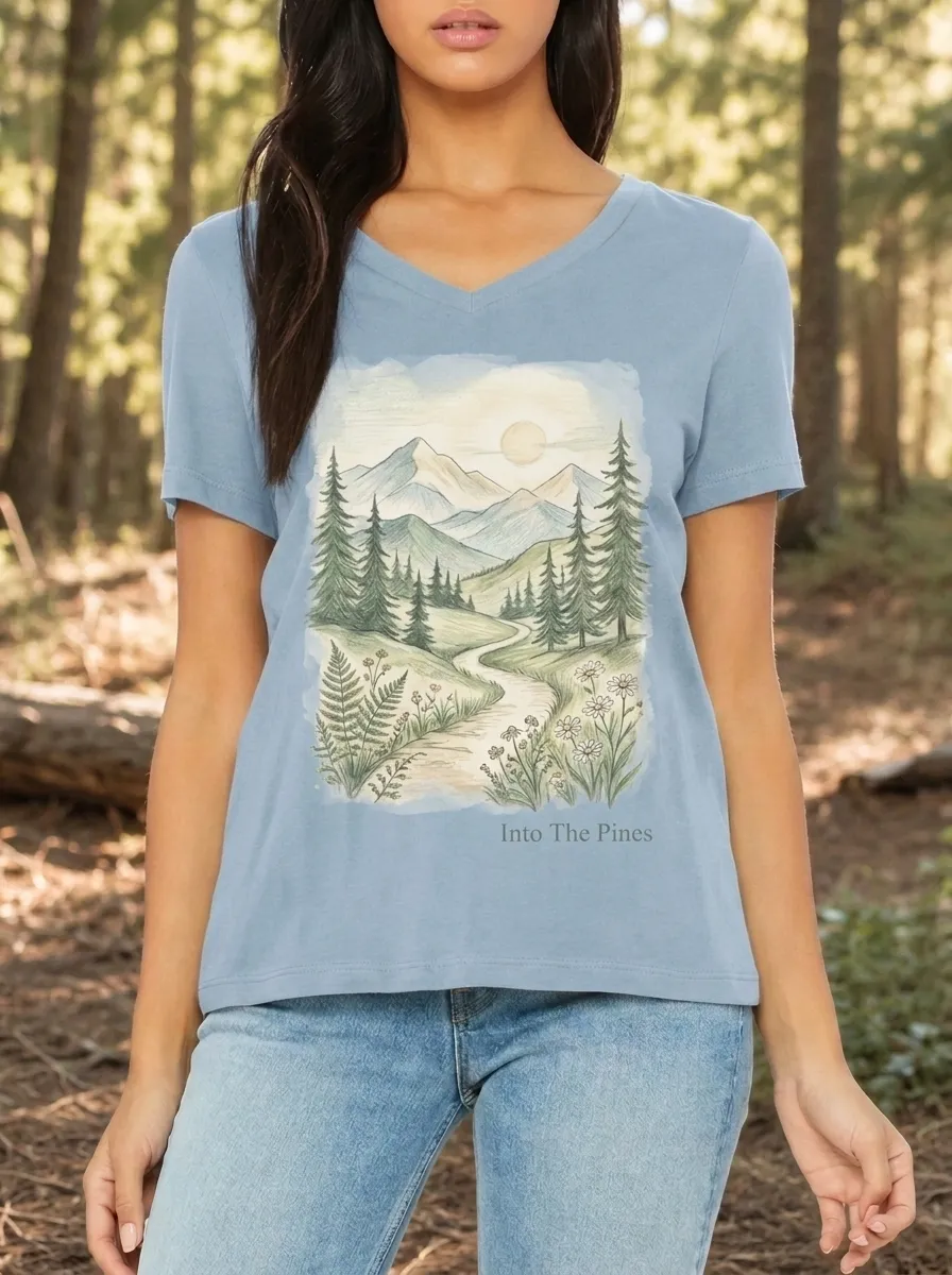 Women's Nature Lover Mountain Forest Path Printed V-neck T-shirt