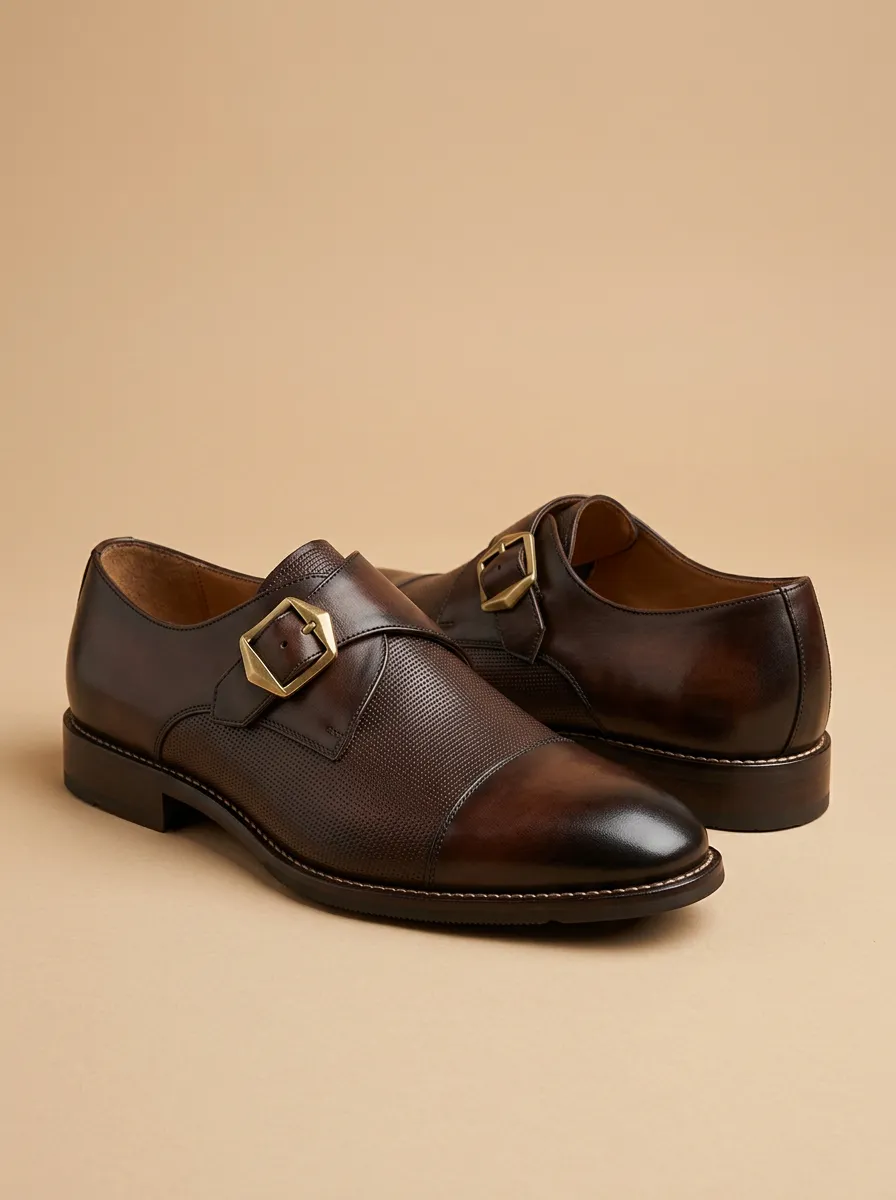 Men's Modern Business Formal Textured Monk Strap Leather Shoes