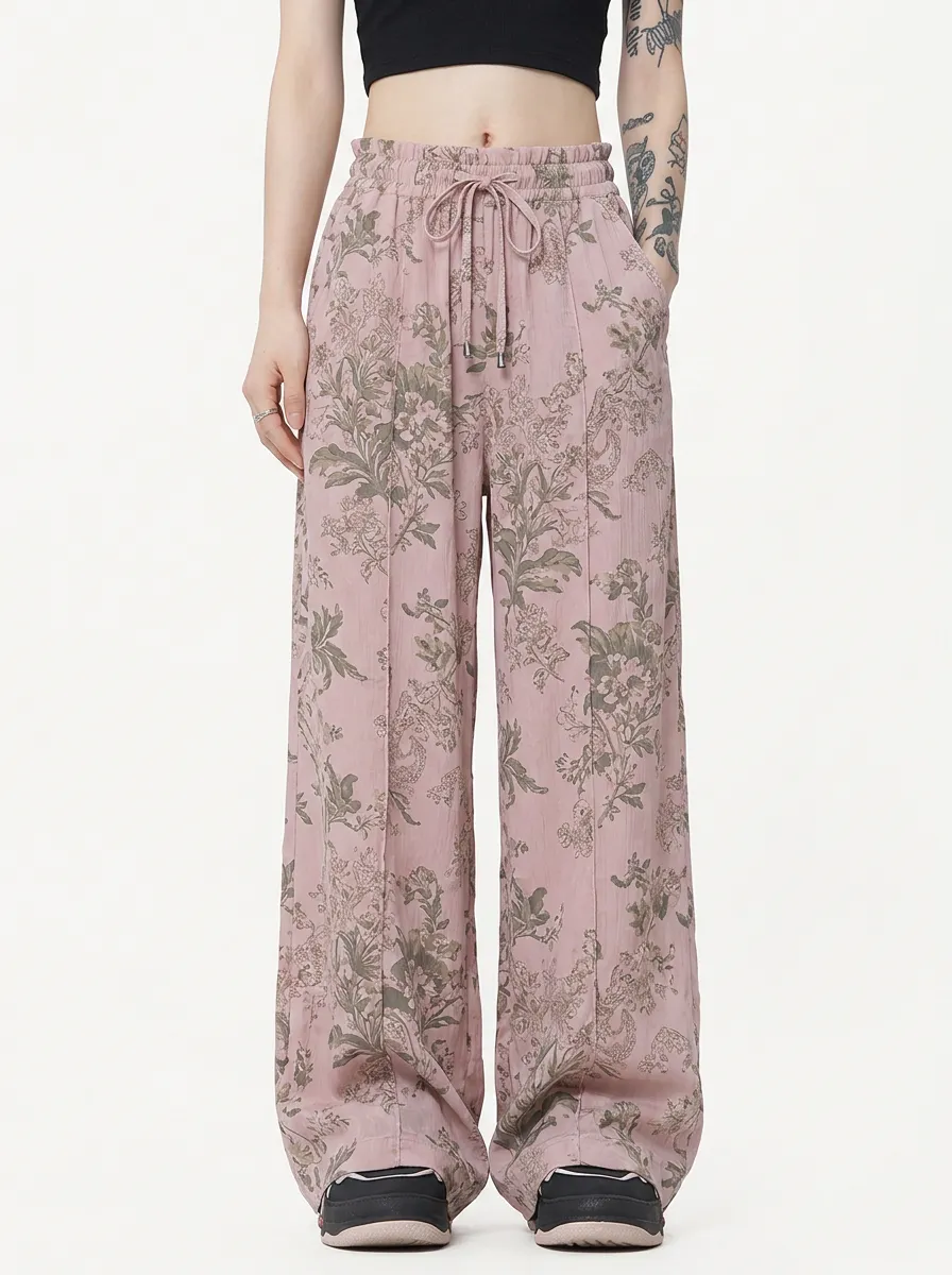 Women's Vintage Floral Botanical Printed Wide Leg Pants