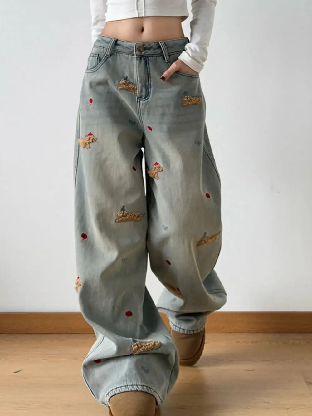 Polished Wide Leg Embroidered Denim Jeans