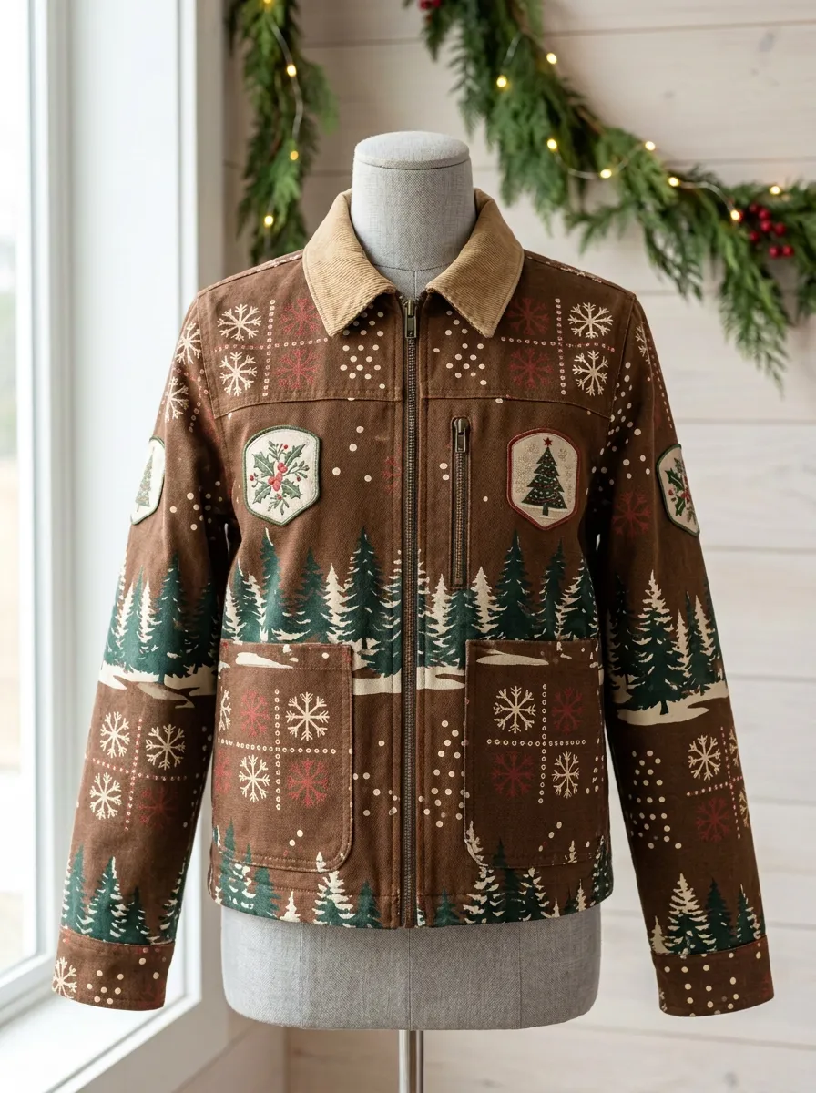 Unisex Christmas Holiday Pine Tree Snowflake Print Jacket
