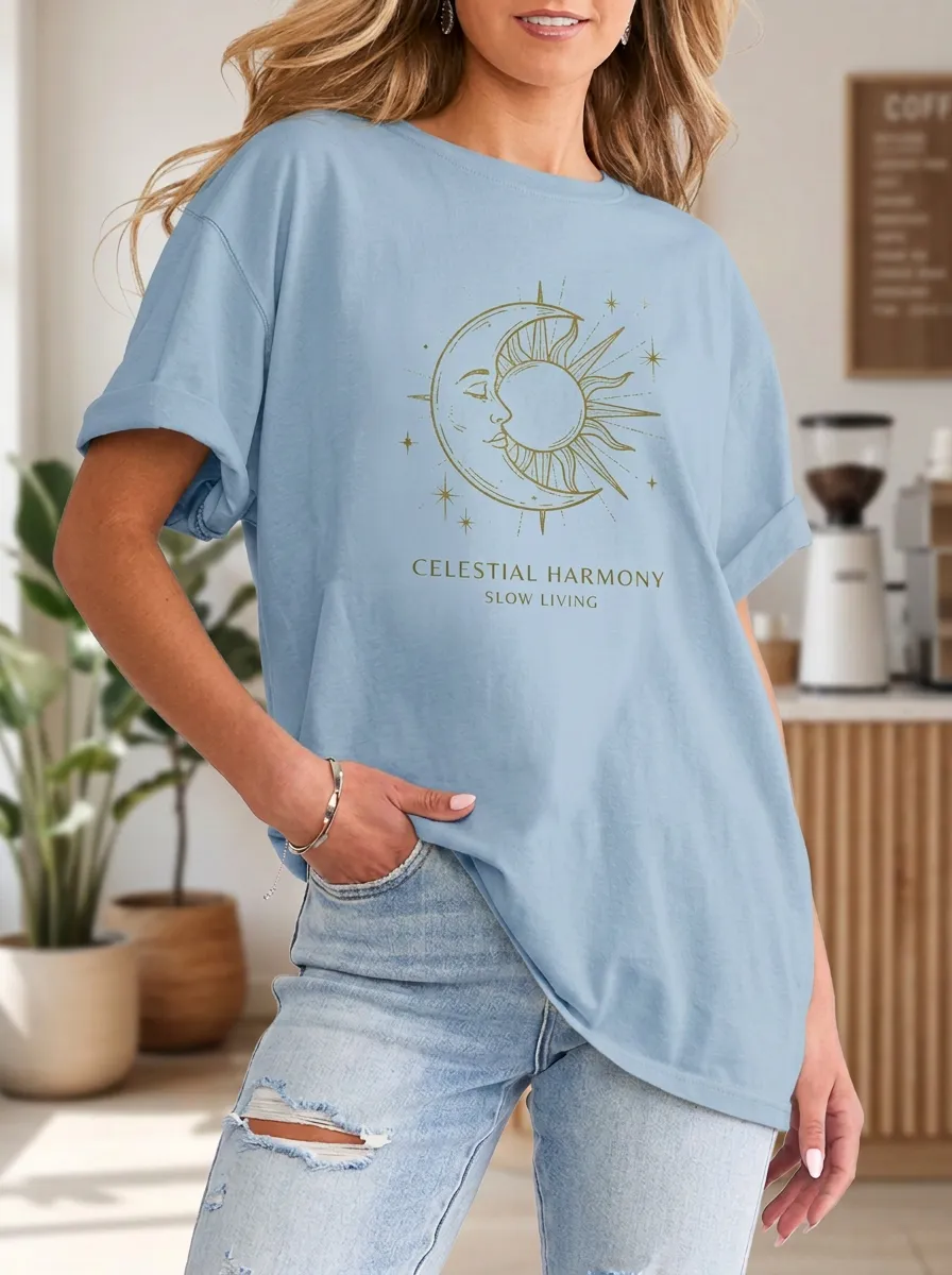 Women's Celestial Harmony Sun Moon Graphic Printed T-shirt