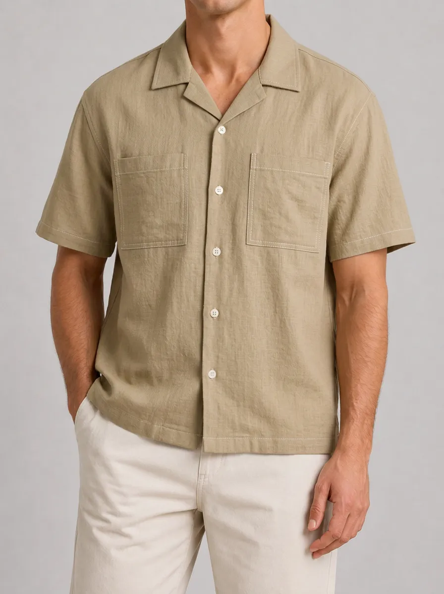 Men's Casual Khaki Linen Blend Cuban Collar Short Sleeve Shirt