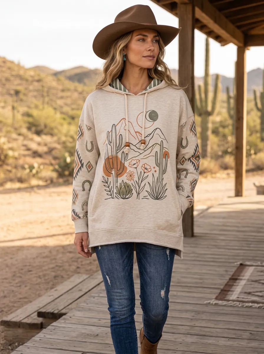 Women's Western Desert Cactus Mountain Printed Hoodie