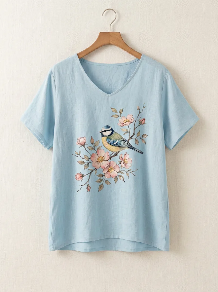 Bird Floral V-Neck Women's Loose Printed T-Shirt