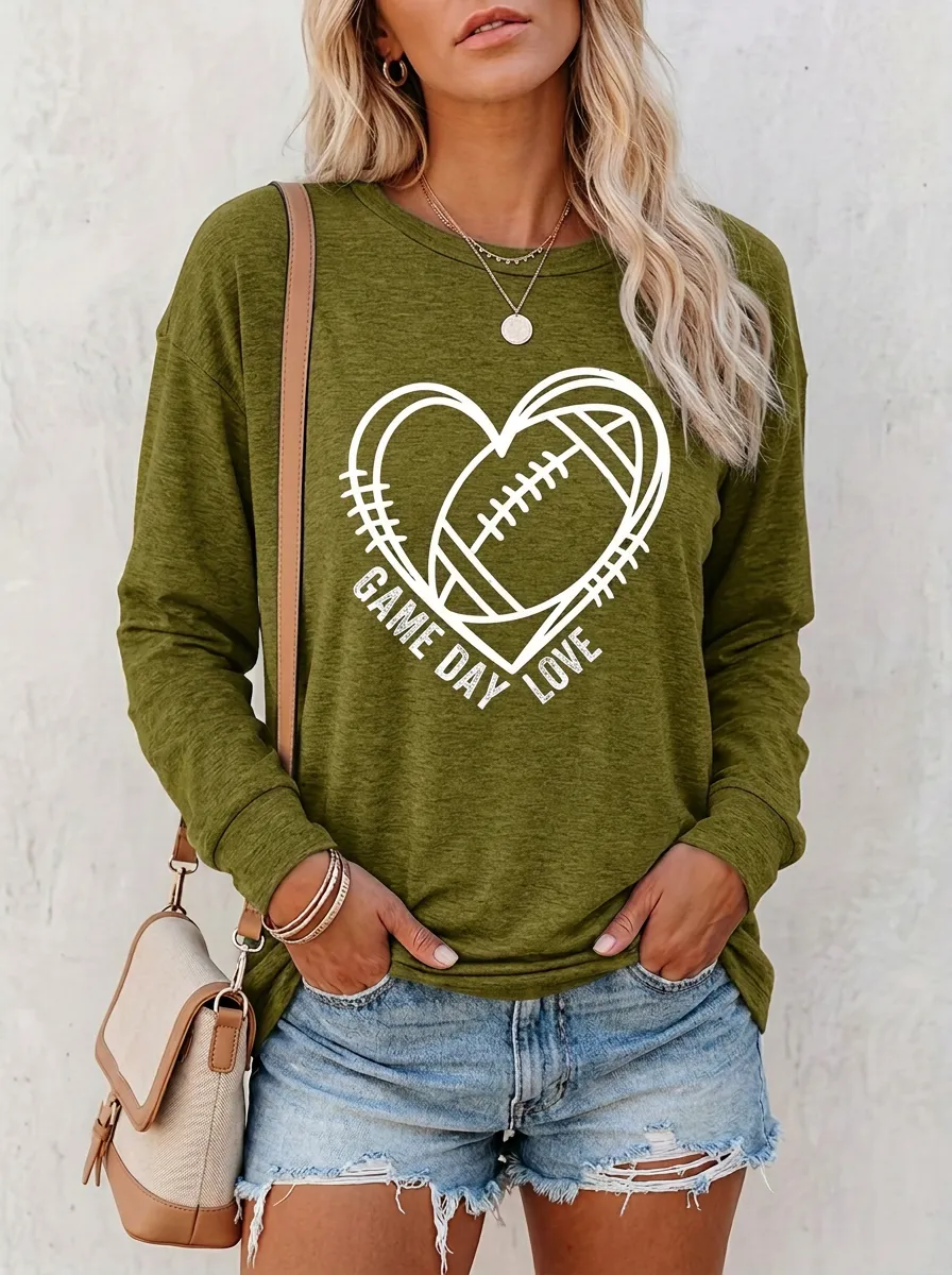 Women's Modern Gridiron Heart Ball Love Crewneck Long Sleeve T-Shirt