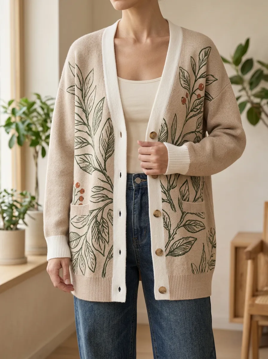 Women's Botanical Nature Lover Leaf Berry Printed Cardigan