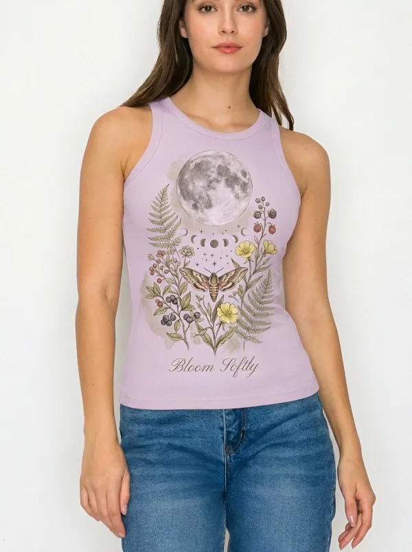 Women's Celestial Moth Floral Moon Printed Tank Top