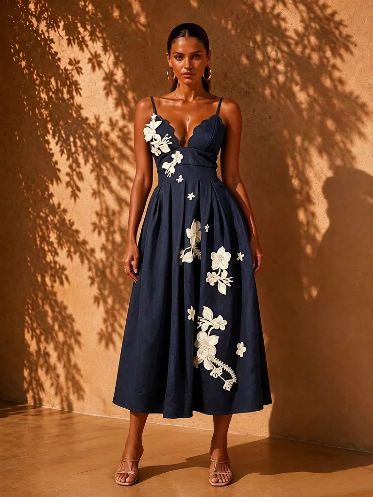 Noemi Blue Print Spaghetti Strap Midi Dress
