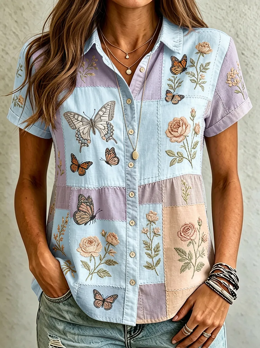Women's Butterfly Floral Lover Patchwork Printed Cotton Linen Shirt