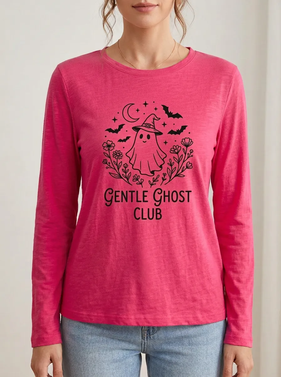 Moonlit Ghost Floral Halloween Cotton Linen Long Sleeve Top
