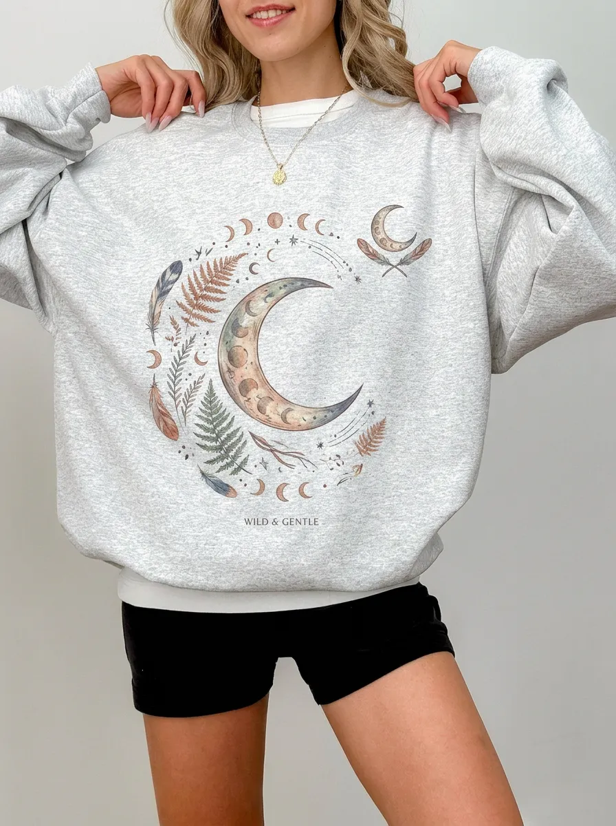 Women's Celestial Moon Fern Feather Printed Sweatshirt