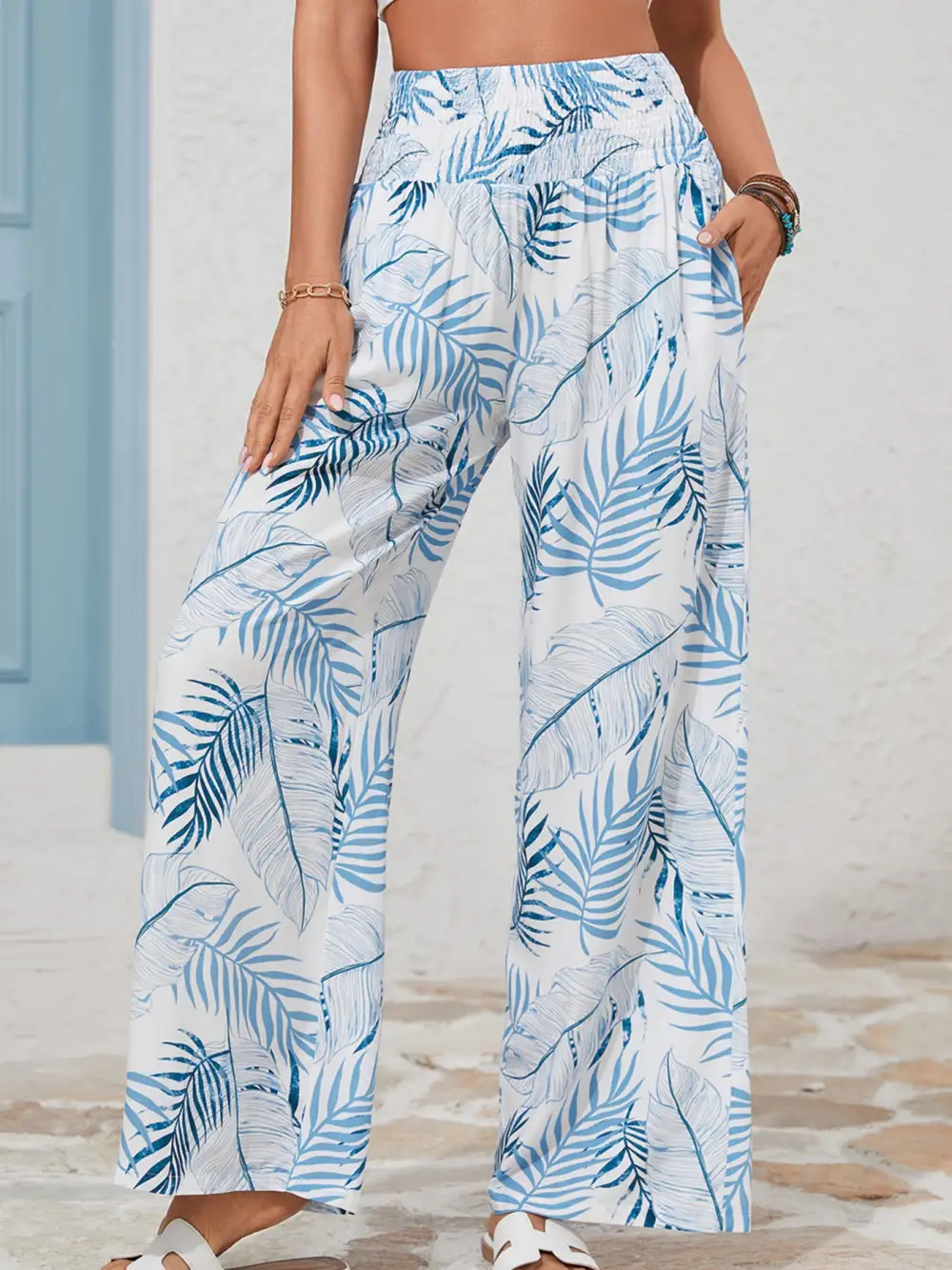 Tropical Print Shirred Waistband Wide Leg Pants