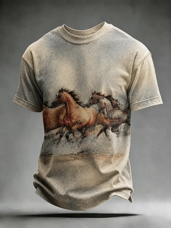 Men'S Western Style Retro Horse Casual T-Shirt