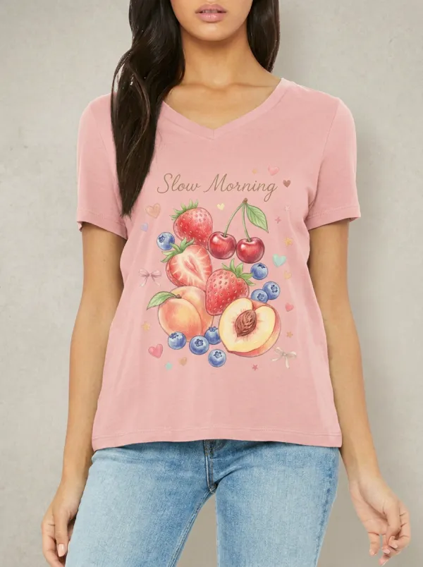 Women's Slow Morning Fruit Strawberry Peach Blueberry Printed V-neck T-shirt