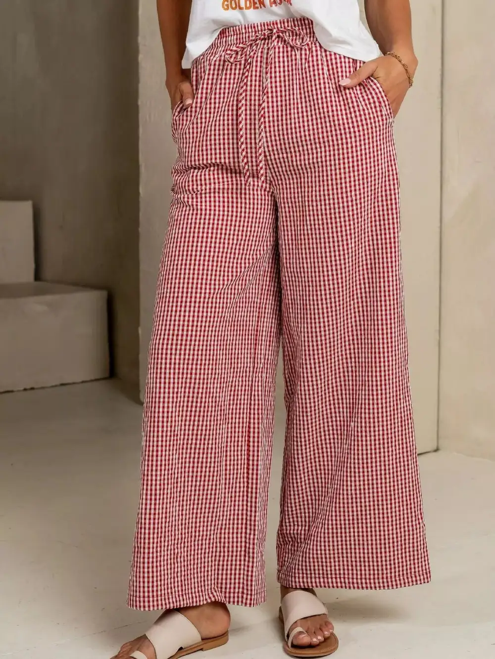 Gingham Print Wide Leg Pants