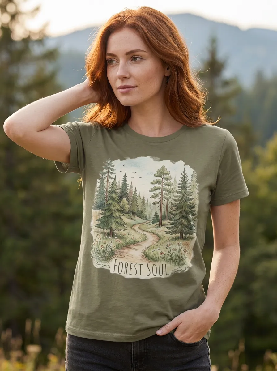 Women's Nature Lover Forest Path Watercolor Printed T-shirt