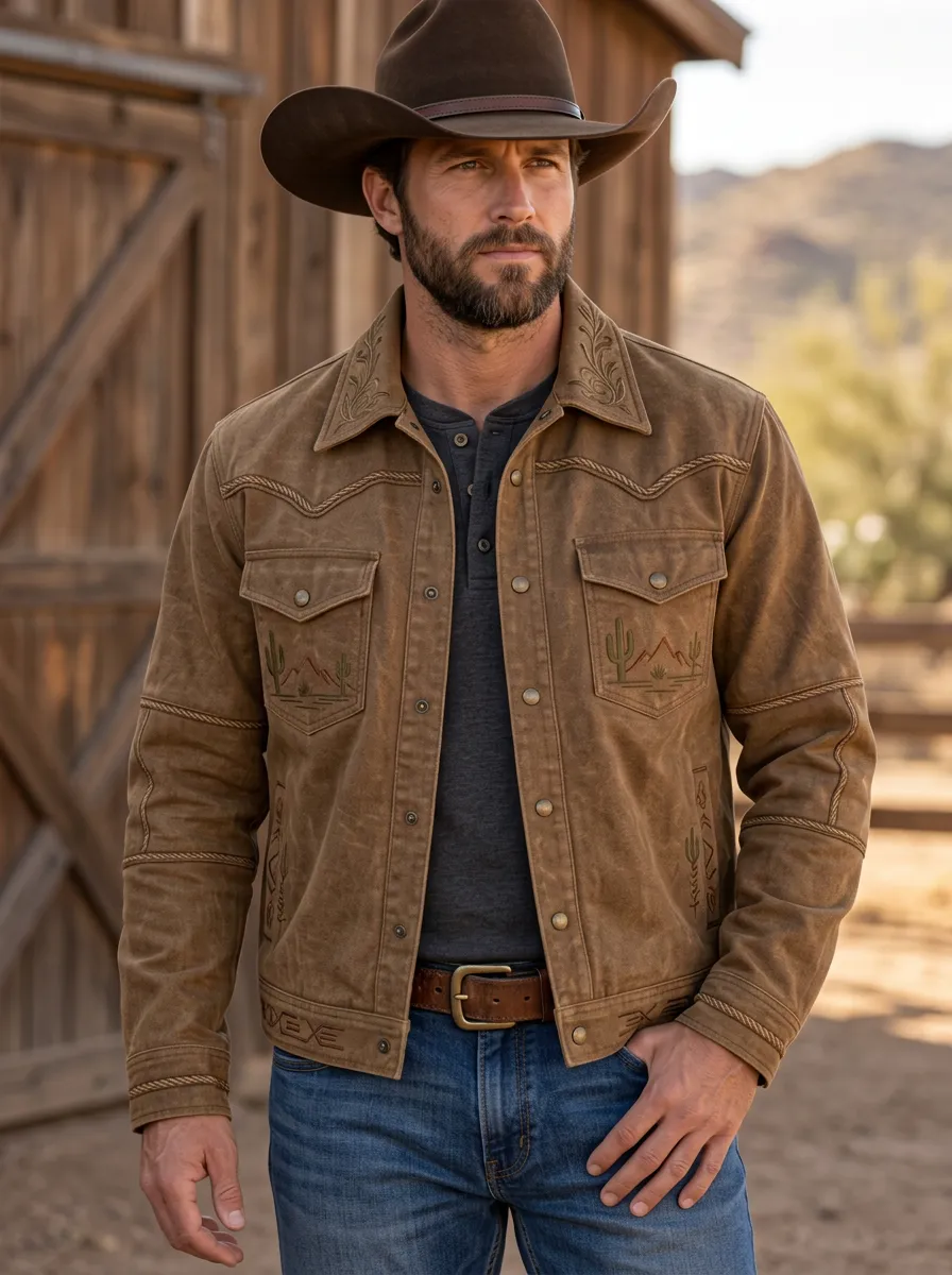 Desert Range Cactus Desert Embroidered Motif Men's Western Jacket