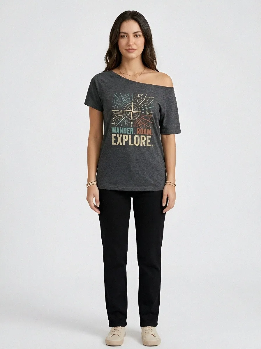 Women's Travel Wander Roam Explore Compass Map Printed T-shirt