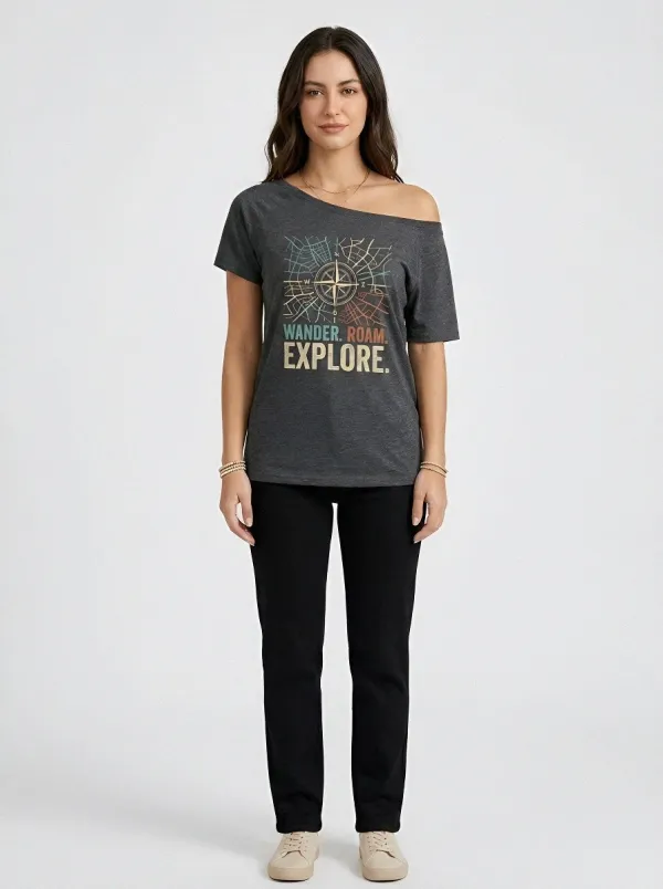 Women's Travel Wander Roam Explore Compass Map Printed T-shirt