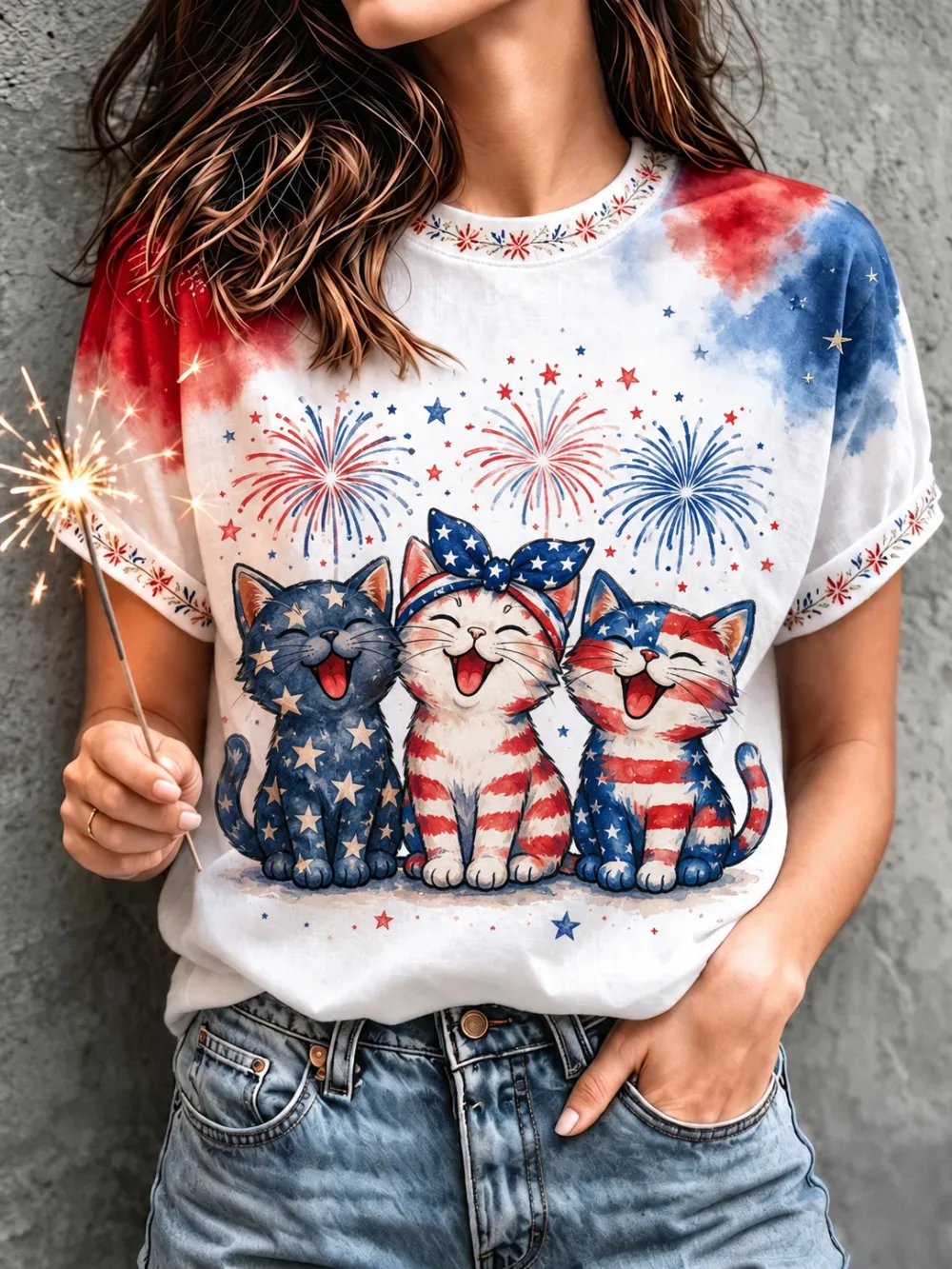 Women'S American Flag And Cat Printed Round Neck T-Shirt