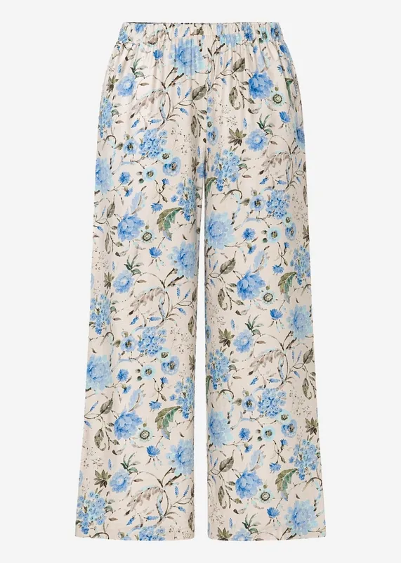 Beige Blue Floral Print Pants